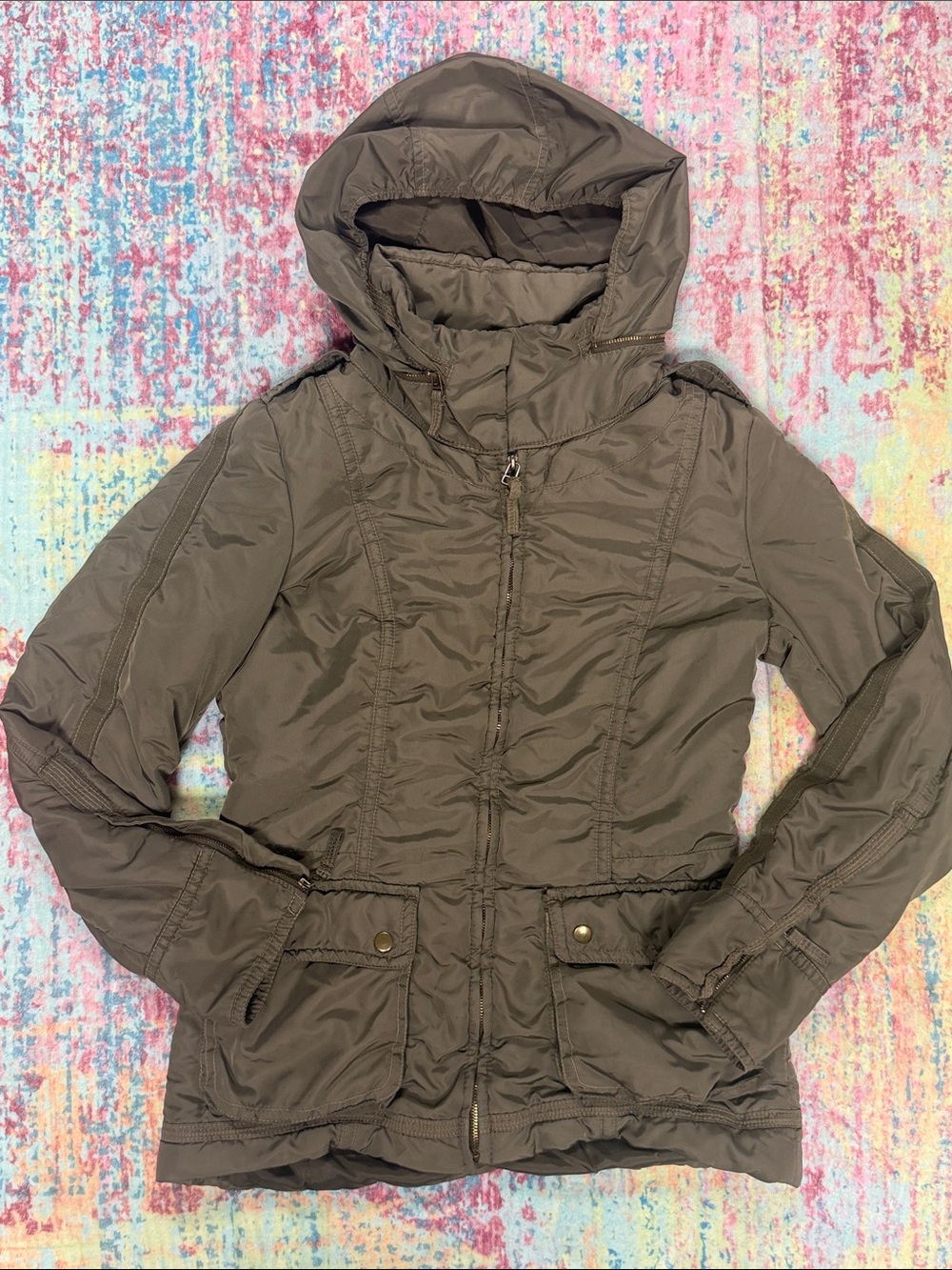 Zara Hooded Puffer Jacket in Olive Brown